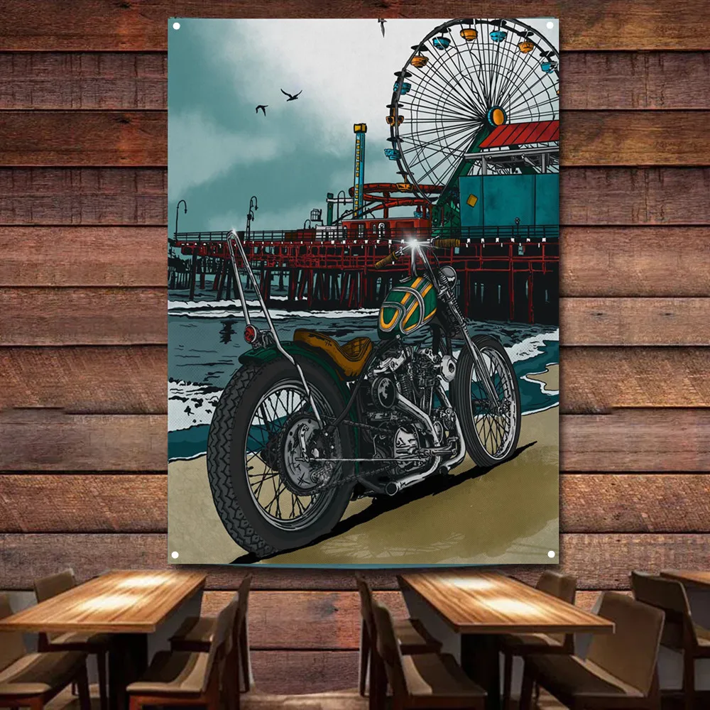 Auto Repair Shop Banners - Seaside Motorcycle Art Poster Wall Hanging
