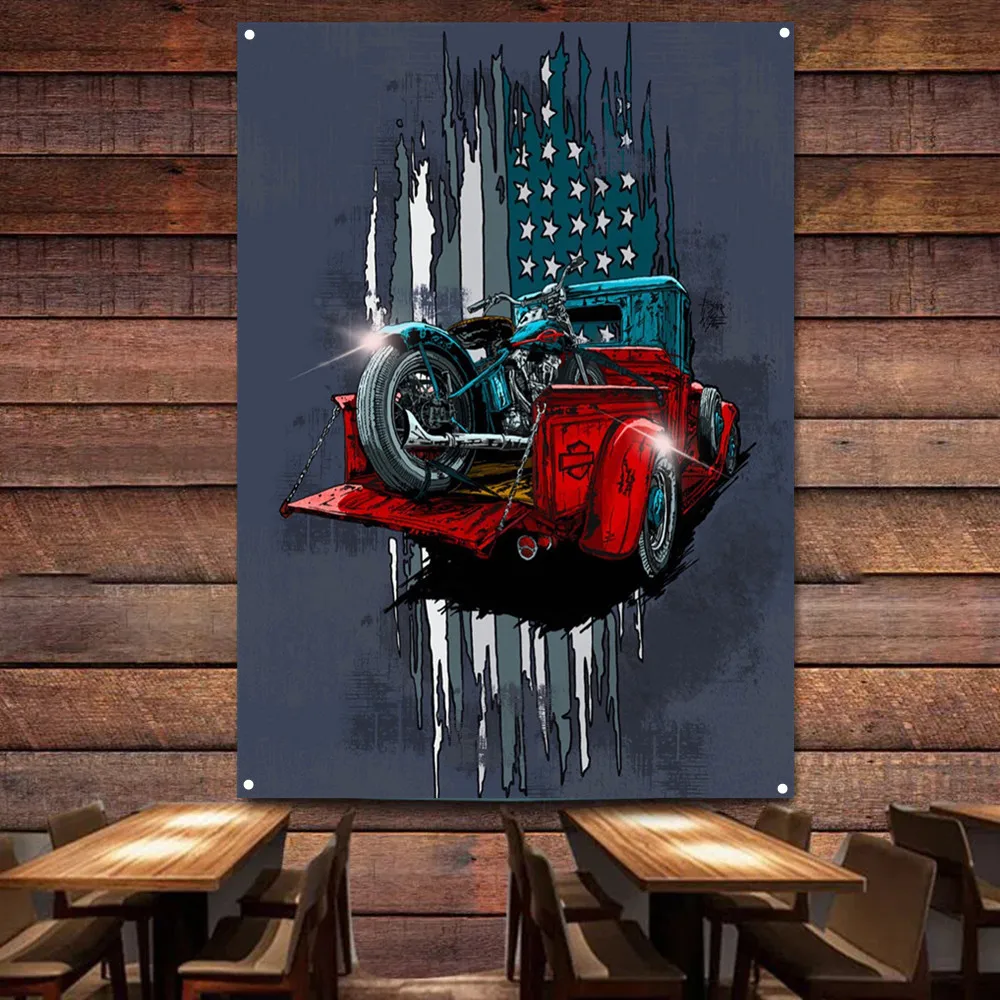 Motorcycle on Car Art Poster W - Auto Repair Shop Banners review and price